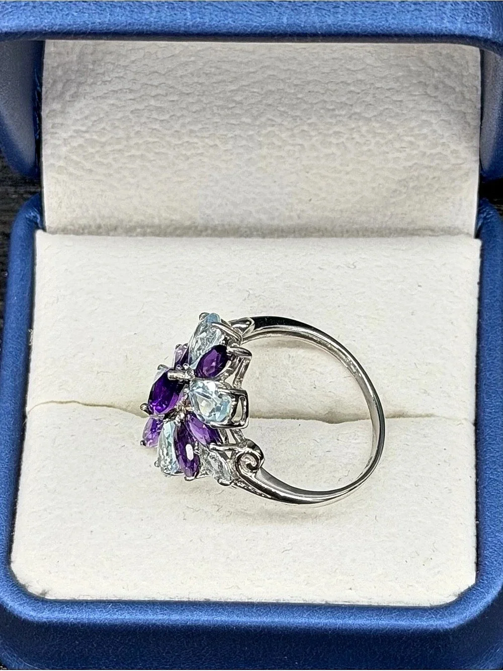 Exquisite Natural Amethyst Aquamarine & Topaz Ring 925 Sterling Silver Ring Sz 8